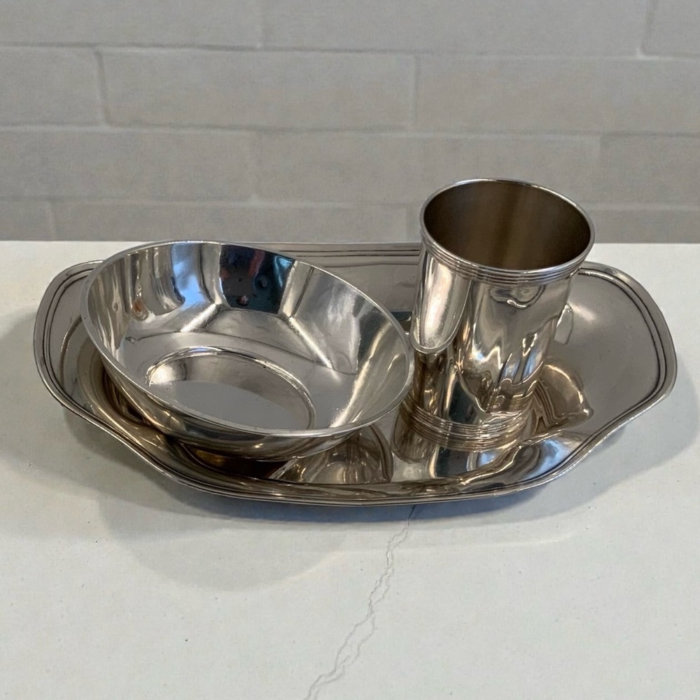 Vintage Sterling Silver Lot: Bread Tray, Bowl, Mint Julep Cup, 487 Grams, Marked - Picture 14 of 16